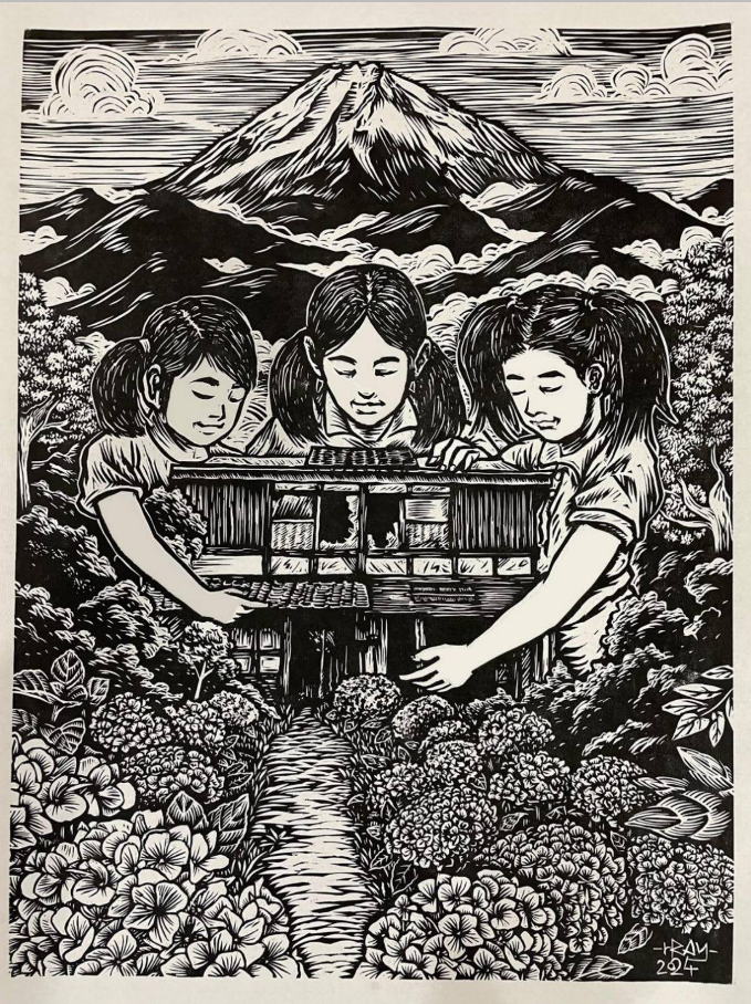 鎌倉の古民家と三人の少女を描いた木版画作品